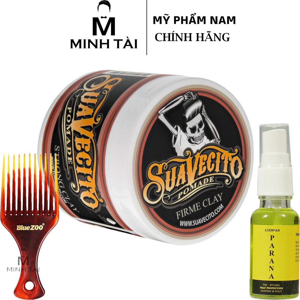 Sáp Vuốt Tóc Nam SUAVECITO Firme Clay 113Gr - Hàng Chính Hãng + Xịt Dưỡng Tóc AZENMAN Parana 20ml + Lược Chải Tóc Pomade