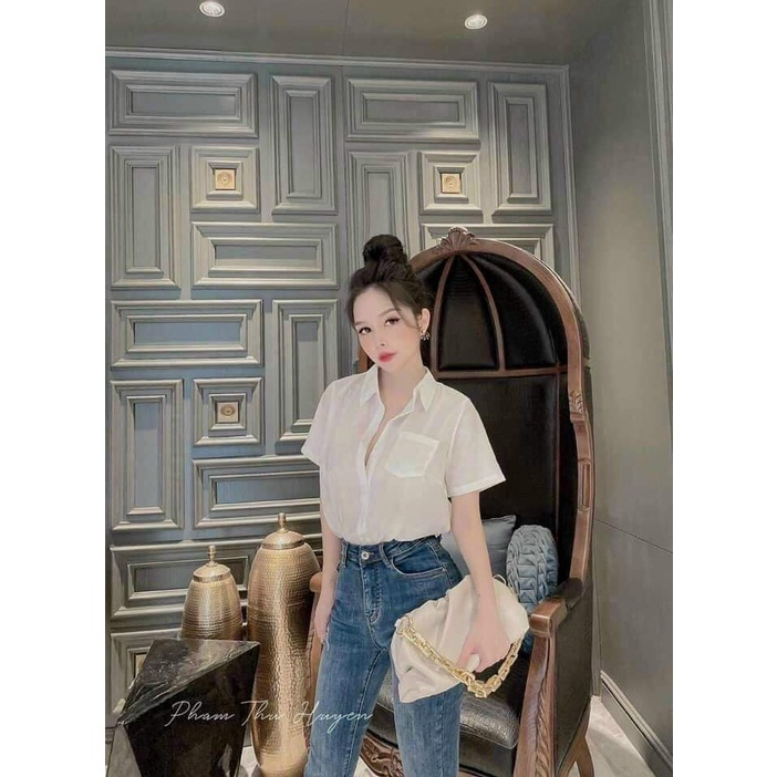 Áo sơ mi nữ cộc tay GU chất đũi mềm mát chống nhăn xuất nhật túi zip-Mai Thỏ Shop-