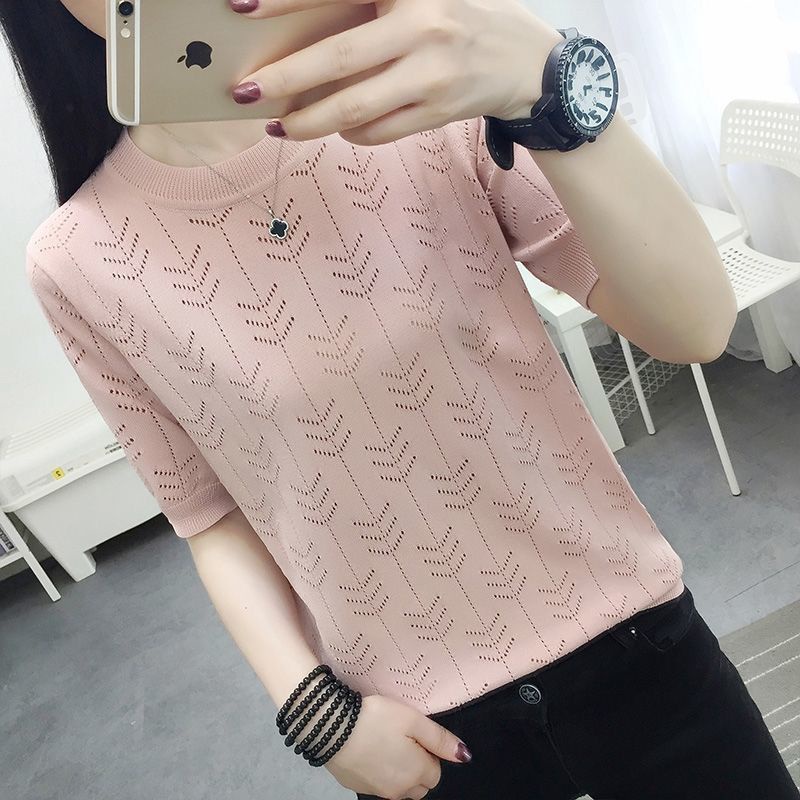 Áo Thun Dệt Kim Ngắn Tay Cổ Tròn Họa Tiết Kẻ Sọc Thời Trang Mùa Hè Cho Nữ