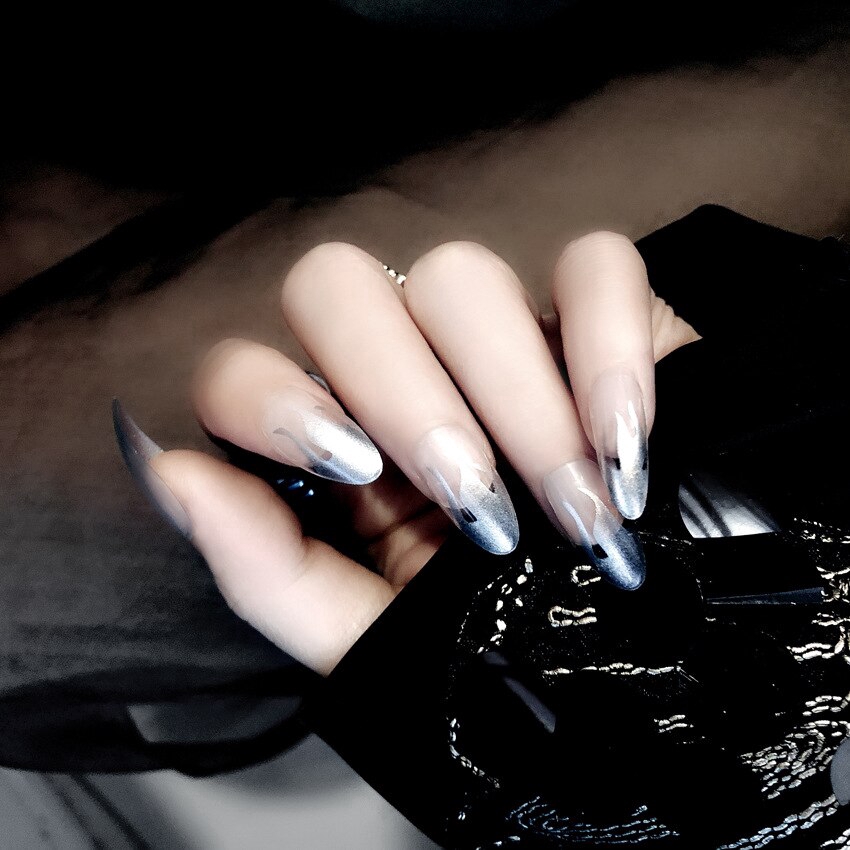 24PCS móng giả dài ngắn thiết kế kèm keo vuông chân tập vẽ nhọn móng giả dán