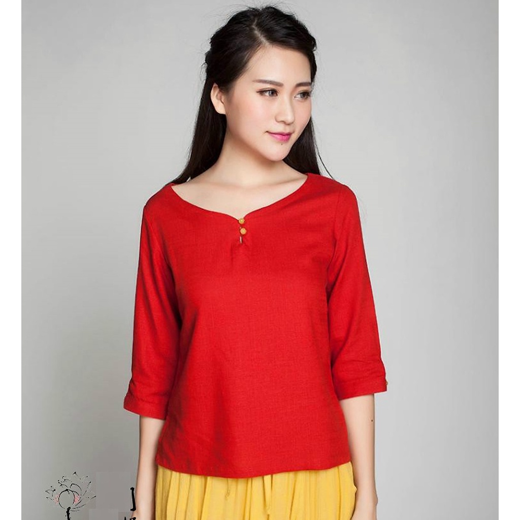 Áo sơ mi kiểu tay lửng phong cách vintage cho nữ vải đũi mềm mát Sm38