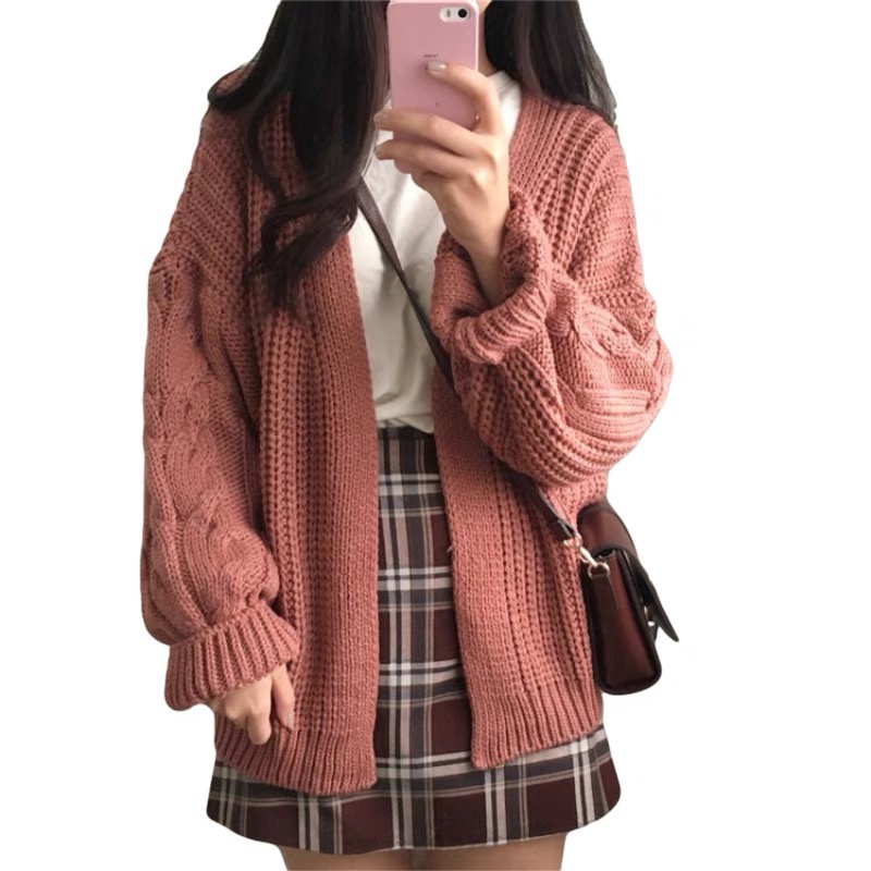 Áo khoác len cadigan basic Forgirl dáng xuông nâu đất hồng đất | BigBuy360 - bigbuy360.vn