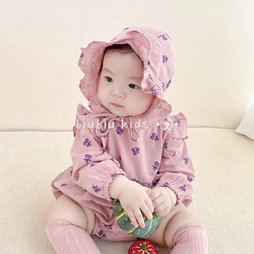 Bộ Áo Liền Quần Tay Dài In Họa Tiết Trái Cây + 1 Mũ Ren Dễ Thương Thời Trang Mùa Hè Cho Bé Sơ Sinh