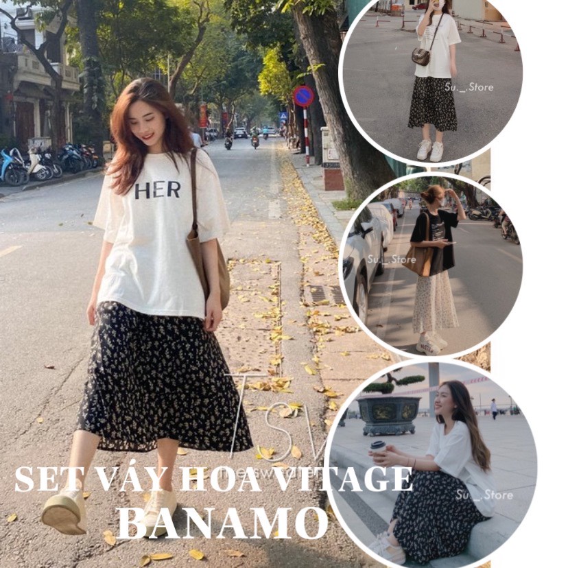 Chân váy xòe dáng dài phong cách vintage và áo phông chữ thời trang BANAMO FASHION 591