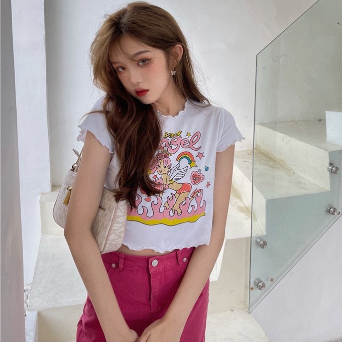 WANGJIAOZHAN Áo thun tay ngắn in họa tiết phong cách Hàn Quốc thời trang cho nữ