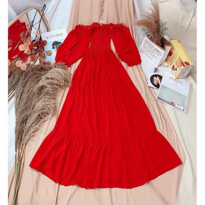 Đầm maxi đỏ xoè trễ vai váy boho vintage du lịch nhún ngực váy đi biển thời trang đẹp rẻ bohemian thổ cẩm freesize