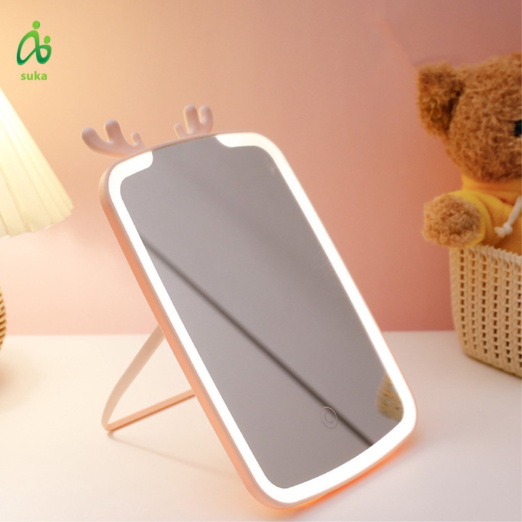 Gương để bàn chữ nhật có đèn led, gương makup trang trí tai tuần lộc dễ thương