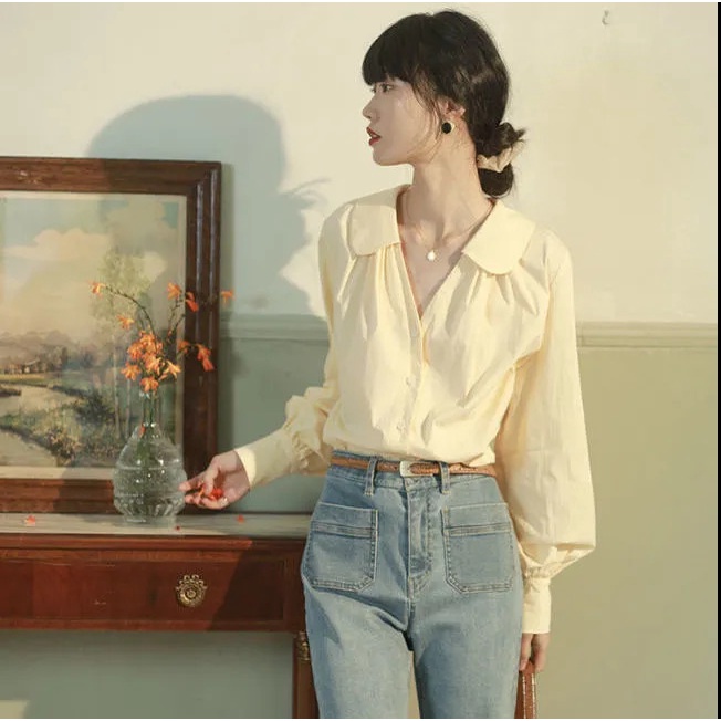 Áo Sơ Mi Tay Phồng Cổ Búp Bê Phong Cách Pháp Cổ Điển Thời Trang Cho Nữ