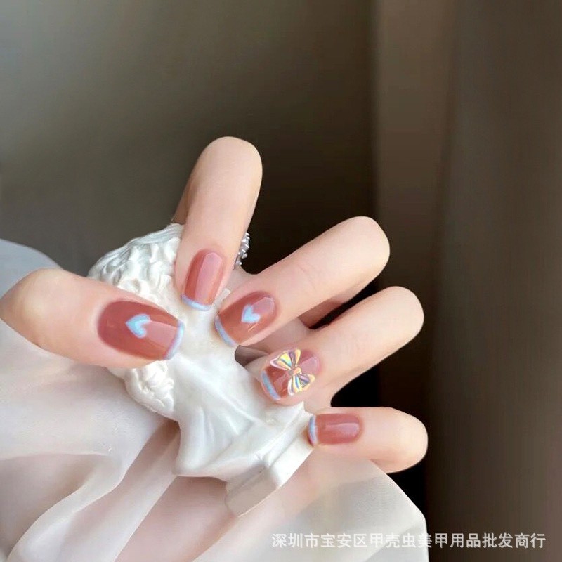 Set 24 móng tay giả khuôn vuông ngắn 3D đính charm đẹp xinh AT