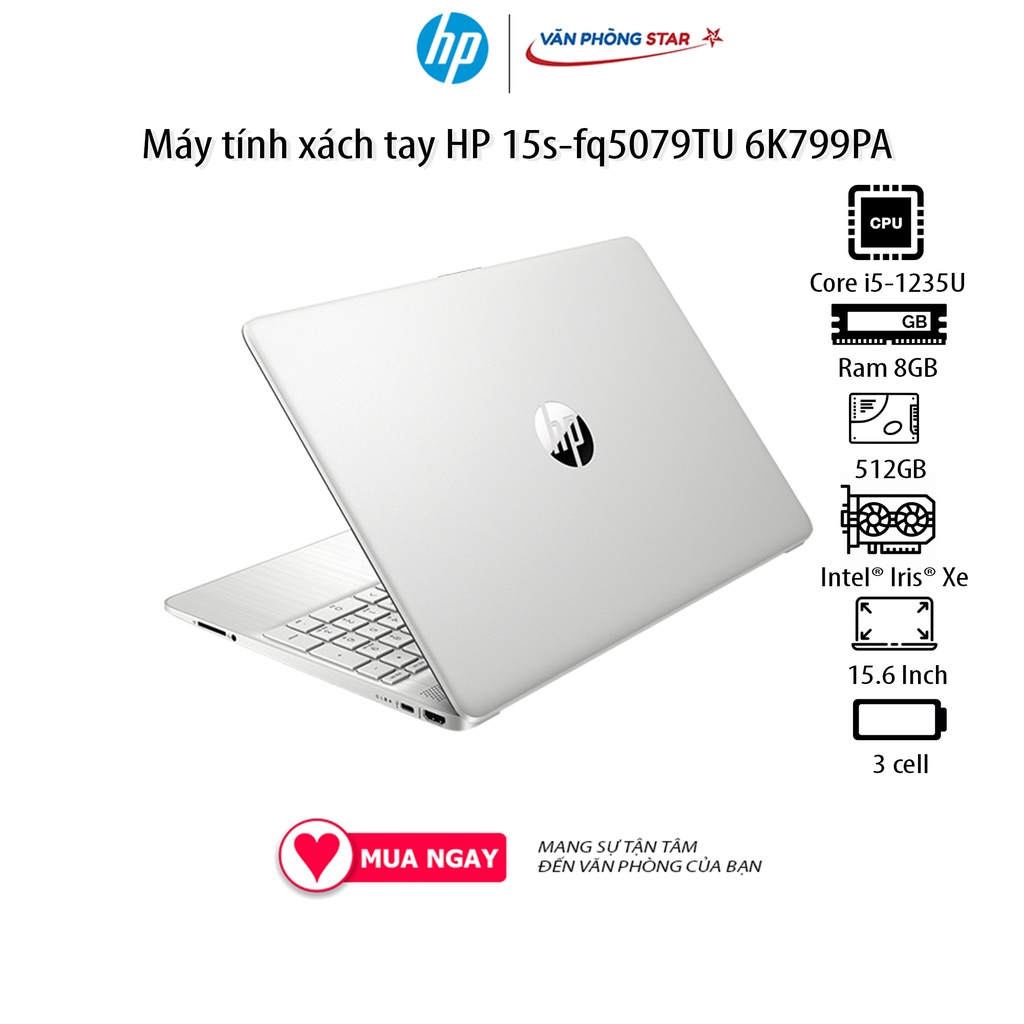 Laptop HP 15s-fq5079TU (6K799PA) (Core i5-1235U/8GB RAM/512GB SSD/Intel Graphics/15.6″HD,3 Cell,Wlan ac+BT,Win11 Home 64