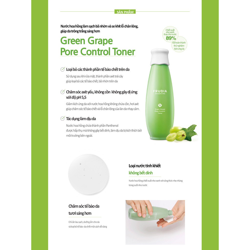 [Tặng 88k]Nước Hoa Hồng Se Khít Lỗ Chân Lông Nho Xanh Frudia Green Grape Pore Control Toner 195ml