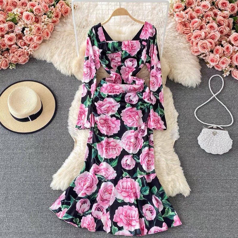 Đầm lụa body đuôi cá họa tiết hoa hồng Quảng Châu cao cấp thương hiệu thời trang D&R D083