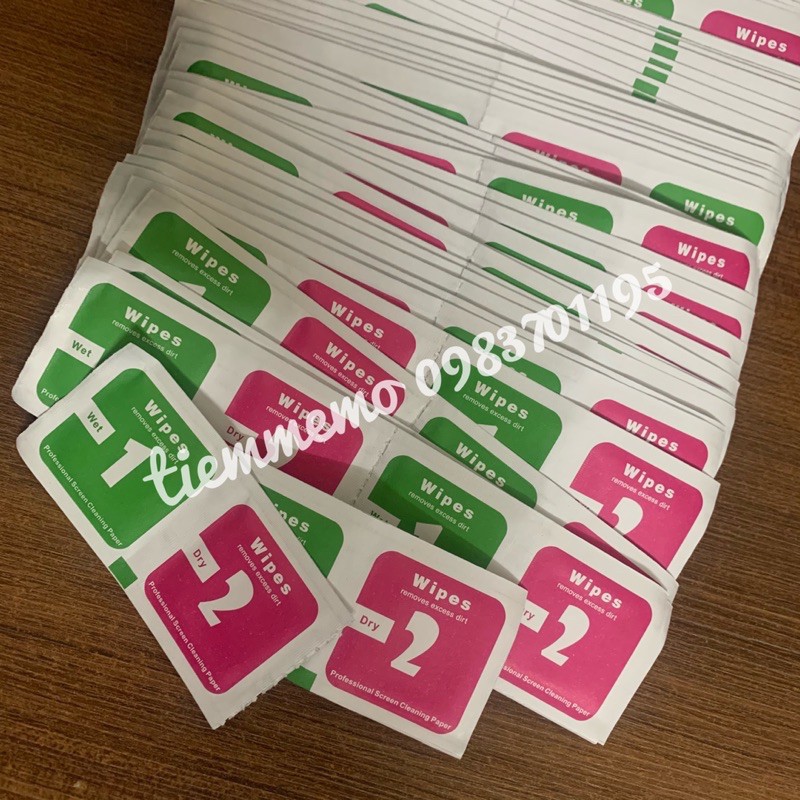 Set 2 miếng khăn lau ướt + khô vệ sinh màn hình điện thoại, cường lực