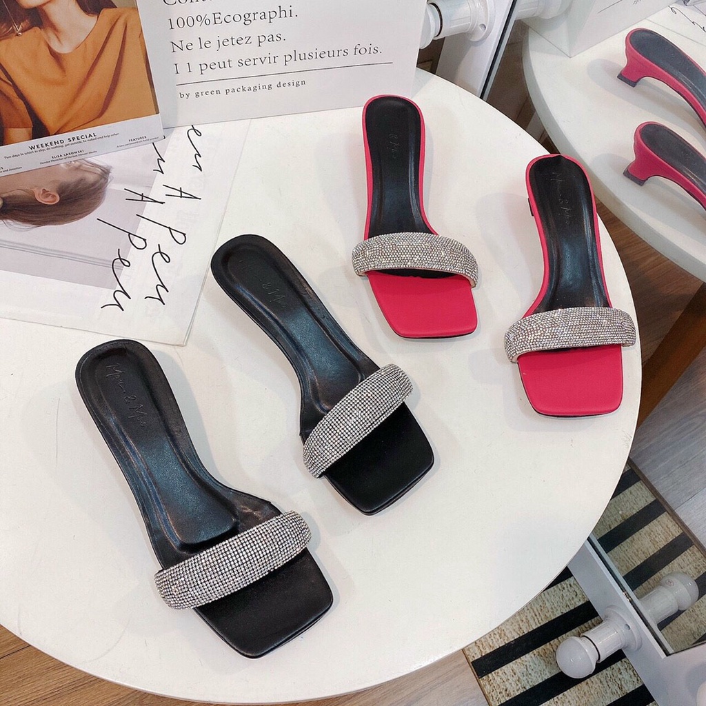 Guốc dép cao gót 3p bản ngang đính đá hàng chuẩn cao cấp sang trọng lên chân tôn dáng - Chi Chanh Store