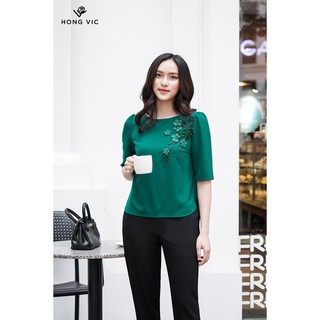 Áo kiểu nữ thiết kế Hongvic xanh lá vạt tôm SM142