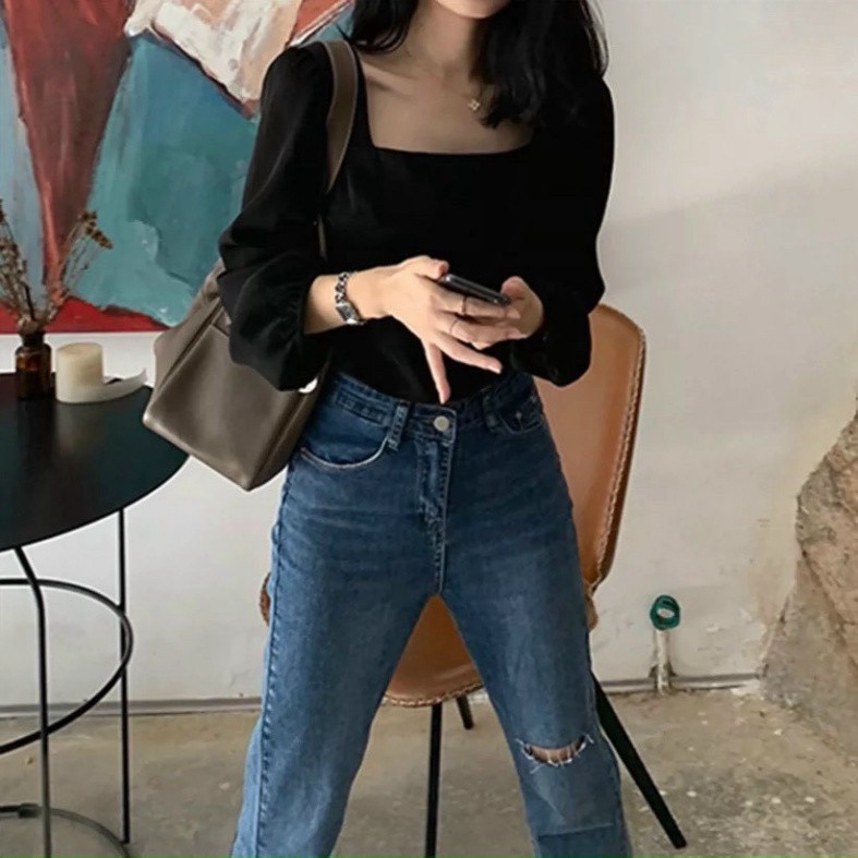 áo len tăm cổ vuông tay bồng,chất len tăm dày dặn siêu đẹp ạ | BigBuy360 - bigbuy360.vn