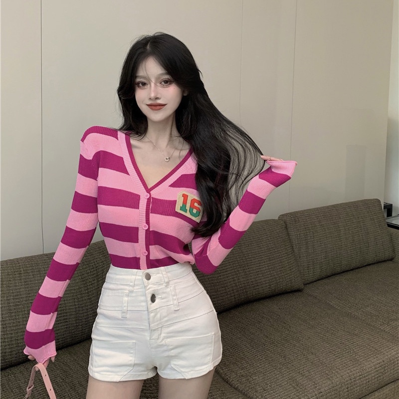 -#Áo Khoác Cardigan Dệt Kim Tay Dài Cổ Chữ v Họa Tiết Kẻ Sọc Dáng Rộng Thời Trang Mùa Hè Cho Nữ