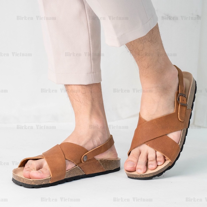 [ Lót Chống Nước ] DK11 - Sandal Birken Đế Trấu Thiết Kế Unisex Nam và Nữ Quai Dép Da Bò đan chéo chữ X Bioline Vitenam