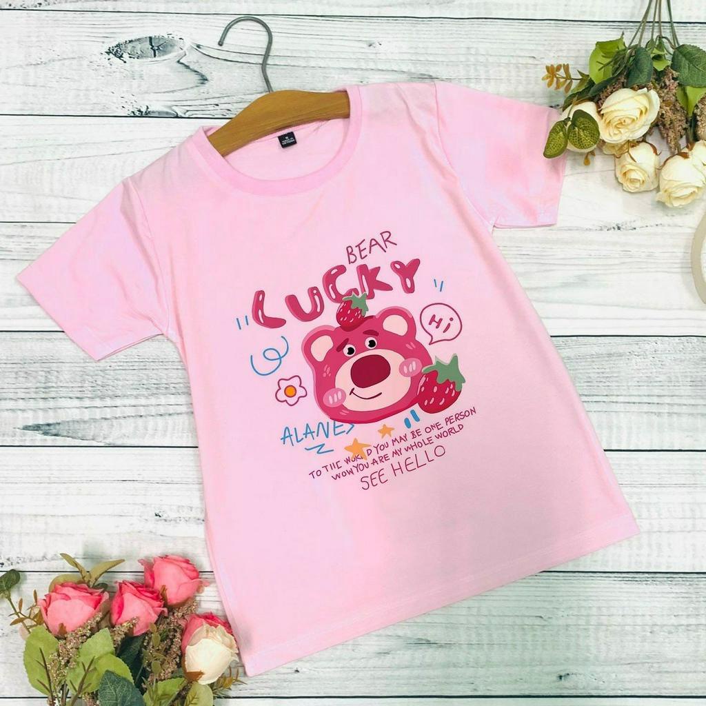 Áo thun hồng cho bé gái hình gấu bông dâu Lotso strawberry bear, áo phông bé gái cổ tròn mềm mịn size 10 - 60kg