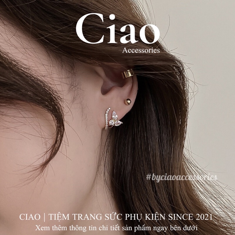 Khuyên tai/ Bông tai mạ bạc S925 thiết kế hình hoa đính đá tinh tế Caily Ciao