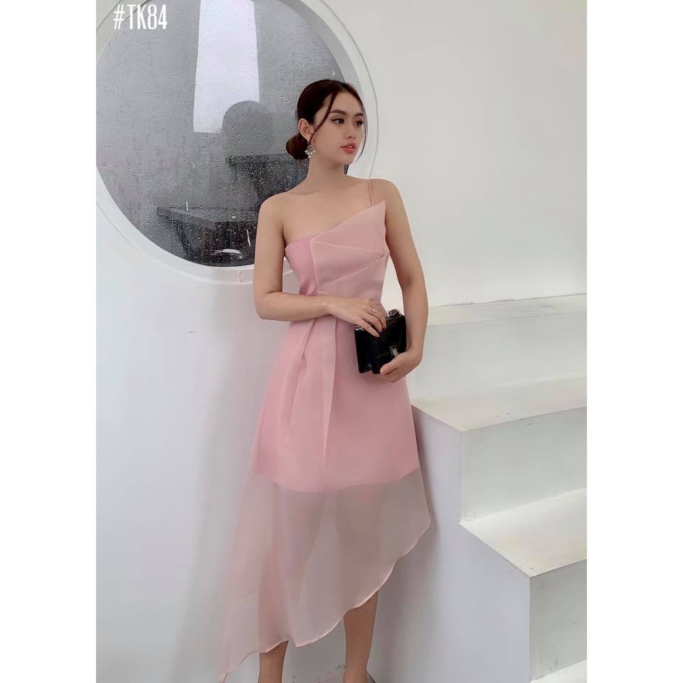 [HÀNG THIẾT KẾ CAO CẤP] Đầm Dây Xòe Lệch Tà Đi Tiệc Sang Trọng Màu Hồng