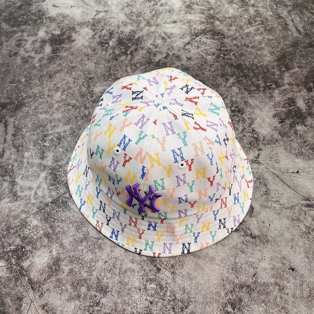 Mũ Bucket vải vành tròn NY M.L.B Monogram Rainbow White XUẤT DƯ FULL TEM TAG