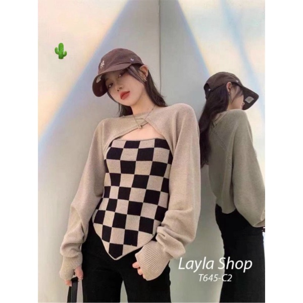 video ảnh thật ,Set áo croptop caro 2 dây chéo kèm áo khoác len tay dài tiểu thư thời trang mùa thu phong cách hàn