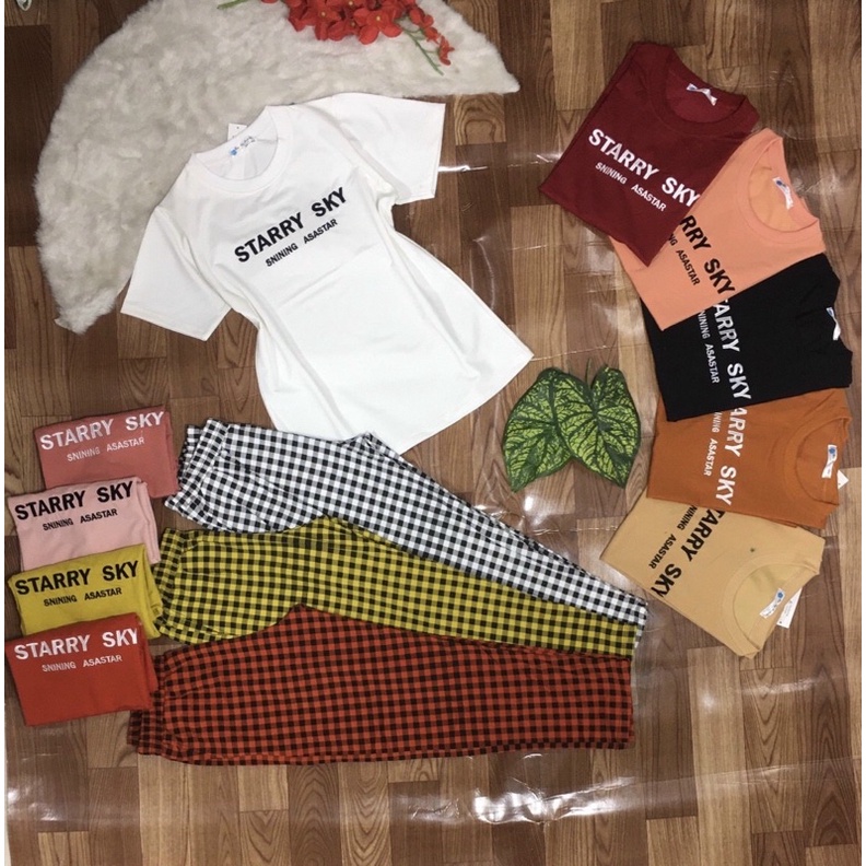 Đồ bộ thun cotton áo màu phối quần sọc giao hoạ tiết ngẫu nhiên