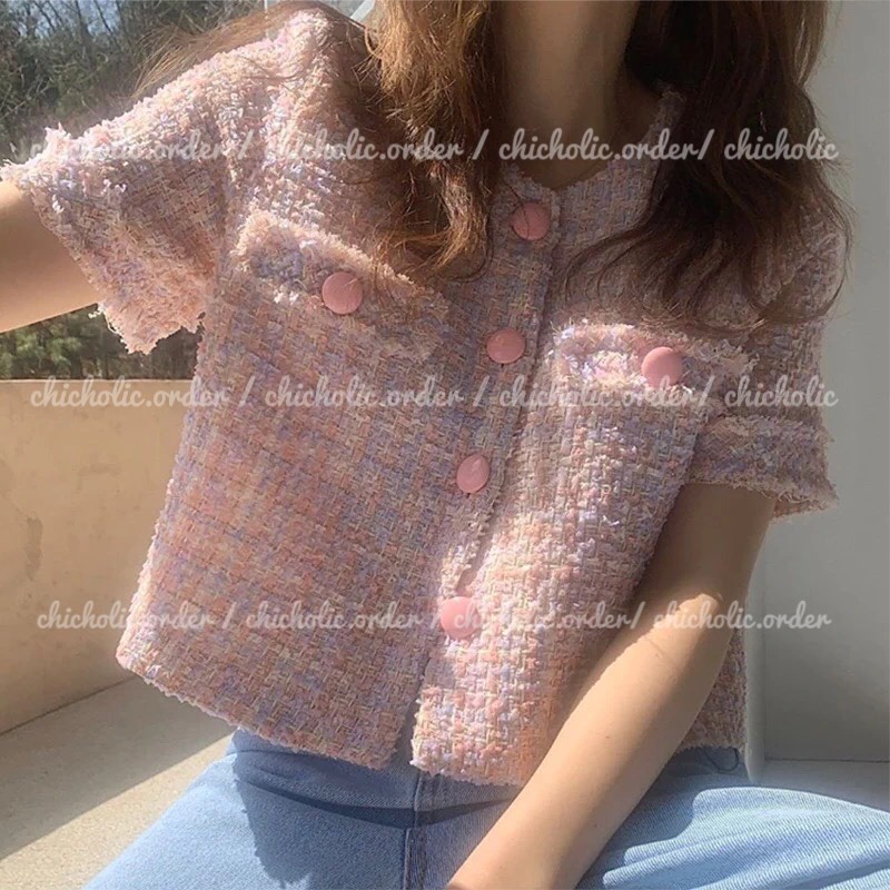 Áo Dạ Tweed Tay Ngắn Màu Xinh Thời Trang Nữ Phong Cách Korea 2021 có ảnh thật