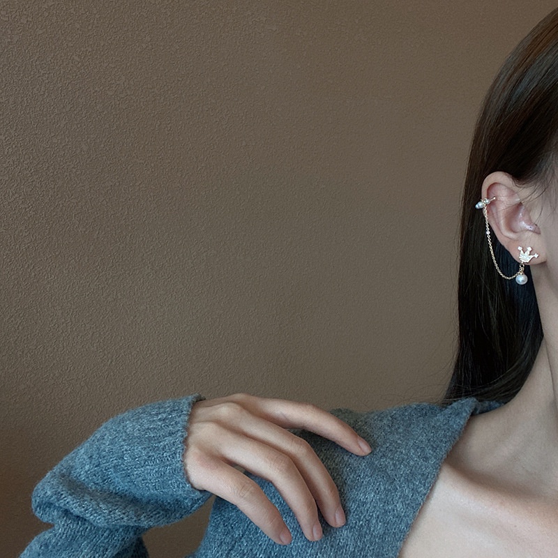 Một Mảnh Bông Tai Dạng Kẹp Xương Cá Đính Ngọc Trai Đơn Giản Chất Lượng Cao Cá Tính Phong Cách Hàn Quốc