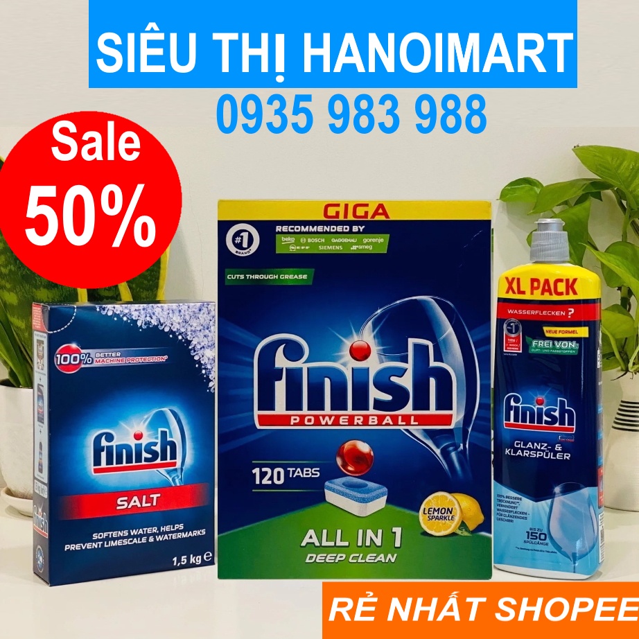 Viên rửa bát Finish all in 1 120V + muối rửa bát Finish 1.5kg + nước làm bóng Finish 750ml dùng cho máy rửa bát chén ly