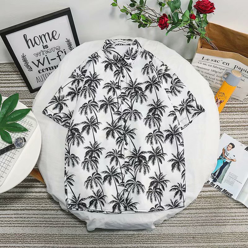 Áo Sơ Mi Tay Ngắn Dáng Rộng In Họa Tiết Cây Dừa Kiểu Hàn Quốc Thời Trang Cho Nam