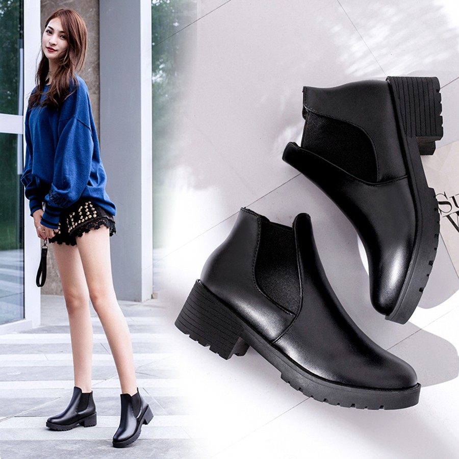 [HOT TREND] Giày boot chelsea nữ 4 phân trơn cổ ngắn S402, bốt phối chun nữ, chống trượt