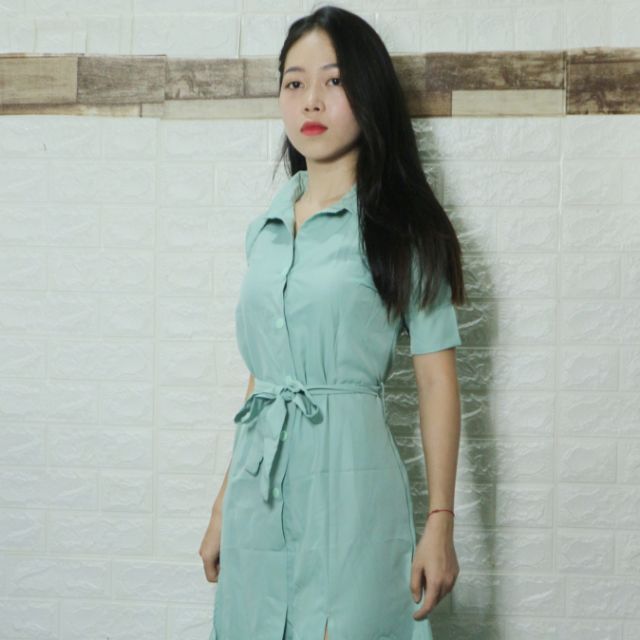 [FREE SHIP 50K] Đầm sơ mi mint xẻ tà