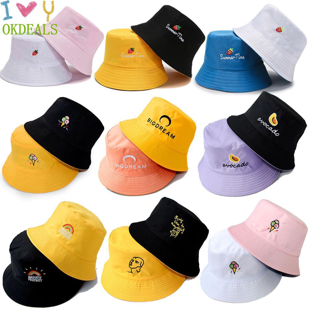 Nón Vành Tròn Bằng Cotton Chống Nắng Thêu Họa Tiết Hai Mặt Thời Trang Mùa Hè Cho Unisex