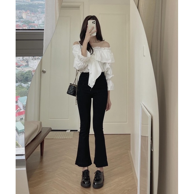 Quần jean loe nữ lưng cao, Quần loe cạp cao chất liệu bò giấy dày dặn co giãn 4 chiều Okella