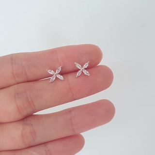 Khuyên tai bạc nữ hoa 4 cánh đính đá, bông tai bạc cao cấp