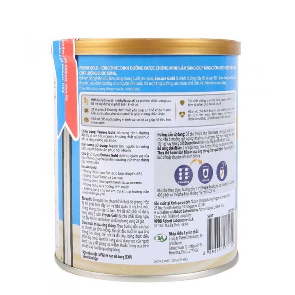 SỮA BỘT ENSURE GOLD HƯƠNG VANI/ ÍT NGỌT HƯƠNG VANI HỘP 400G