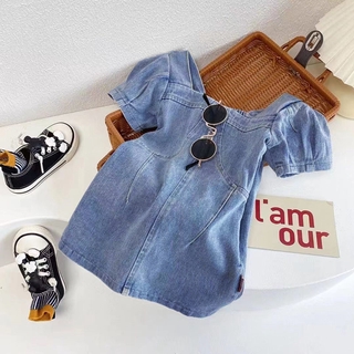 Đầm Denim Tay Phồng Phong Cách Hàn Quốc Thời Trang Mùa Hè Xinh Xắn Cho Bé Gái