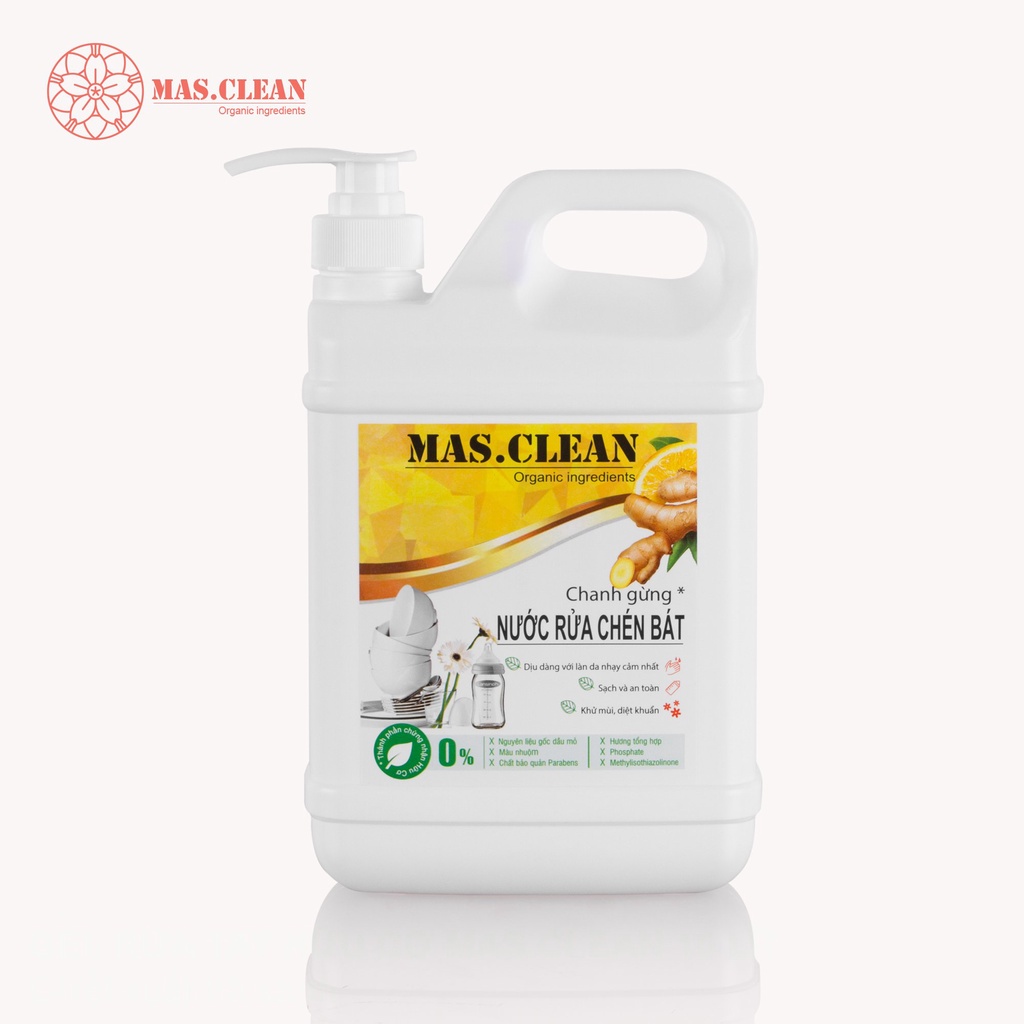 Nước rửa chén hữu cơ Mas.Clean Chanh Gừng sạch nhanh dầu mỡ và kháng khuẩn tự nhiên - can 1.8L