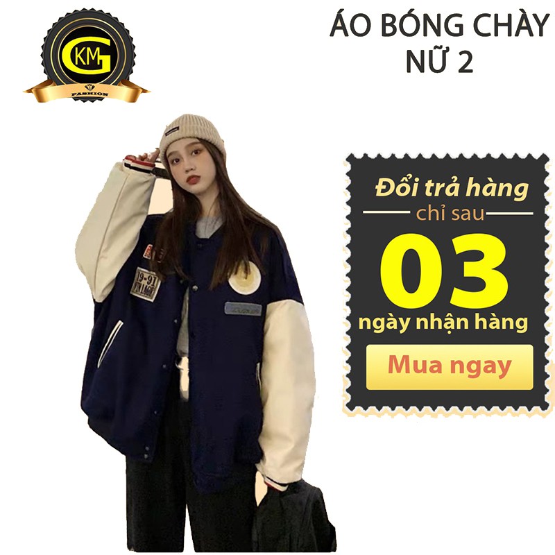 Áo khoác bóng chày dáng rộng phối tay trắng trẻ trung có khuy bấm