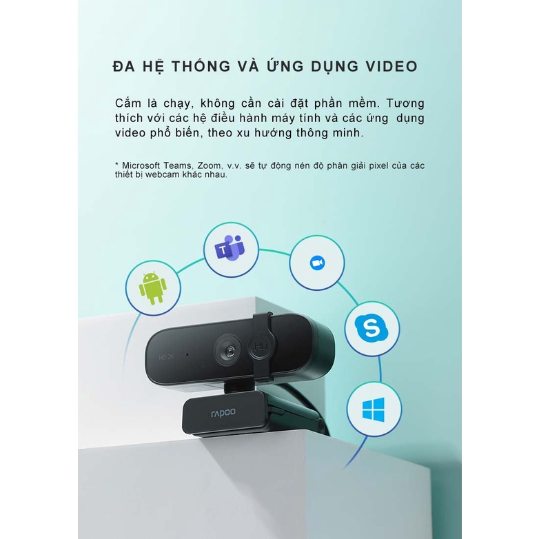 Camera máy tính Webcam Rapoo C280 độ phân giải 2K, micro khử tiếng ồn, có nắp bảo vệ-CHÍNH HÃNG 100%-BH 24 THÁNG ĐỔI MỚI