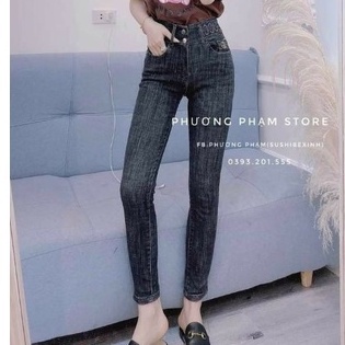 quần jean nữ lưng cao chất vãi co giãn cao cấp in dập nổi cạp 2 khuy dáng boy