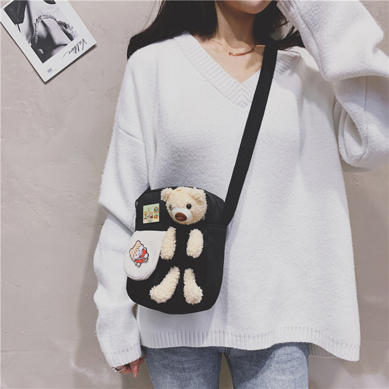 IELGY canvas Korea bear cute Harajuku fashion messenger bag cartoon style Japanese yellow