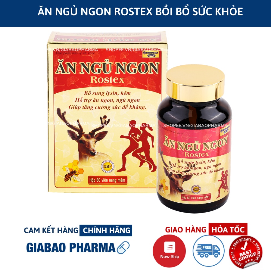 Viên Ăn Ngủ Ngon Rostex bổ sung omega 3, lysin, kẽm zinc giảm mất ngủ, ăn ngon, ngủ ngon, tăng cường sức khỏe- Chai 60 v