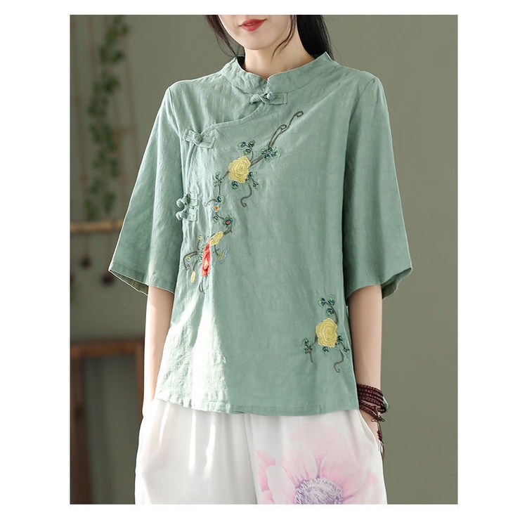 Áo Sơ Mi Vải Lanh cotton Cỡ Lớn Cổ Đứng Cài Nút Thêu Họa Tiết Kiểu Dân Tộc Trung Hoa Thời Trang Xuân Hè 2022