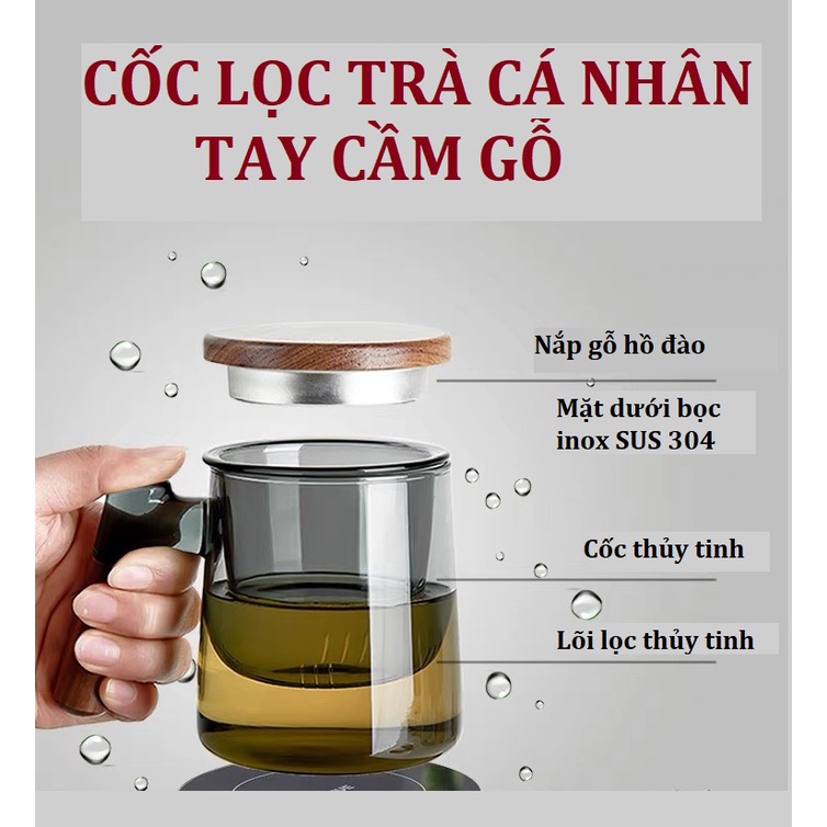 Cốc lọc trà, ly trà cá nhân thủy tinh cao cấp có nắp đậy - Hàng xuất Âu