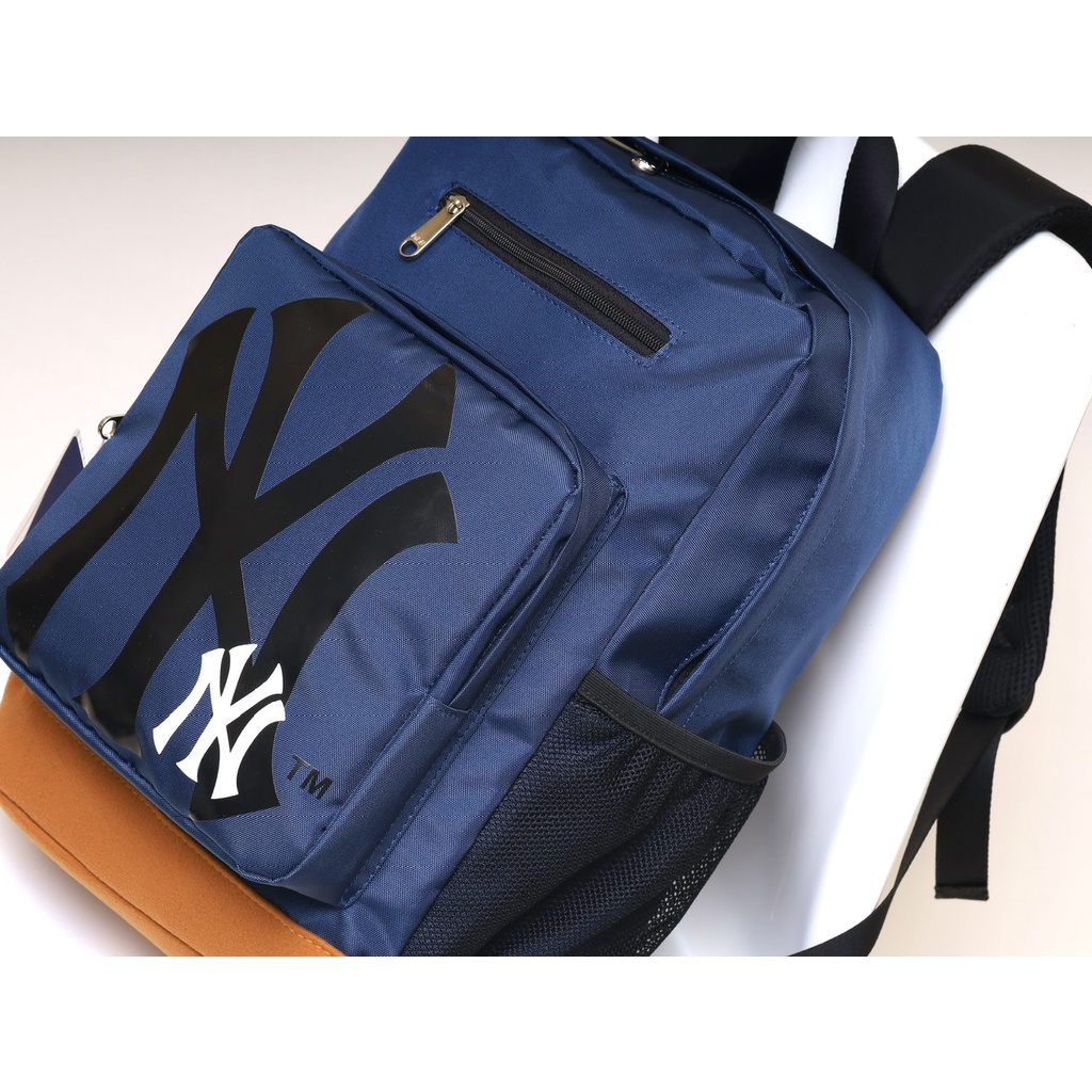 Balo NY xanh than, đáy da lộn, màu nâu, logo màu đen