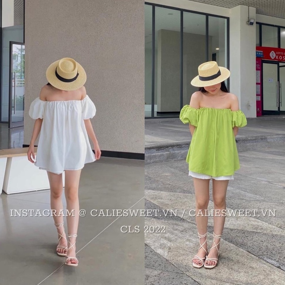 Áo trễ vai tay bồng Caliesweet chất đũi lụa thoáng mát thích hợp đi chơi đi biển CLS009