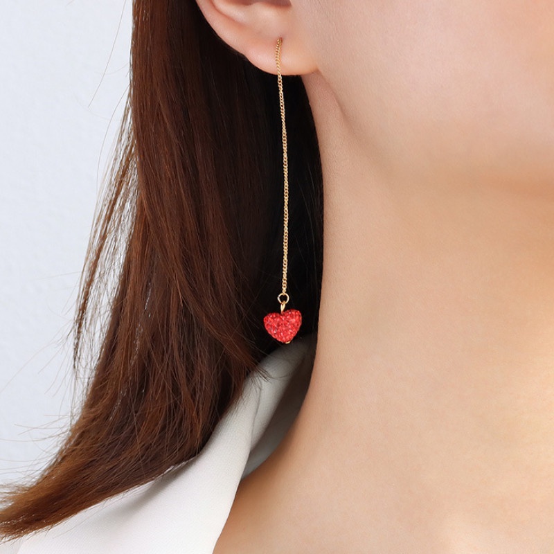 Bông Tai Titan Ko Han Rỉ Chuỗi Dài Trái Tim Đỏ TT 4030